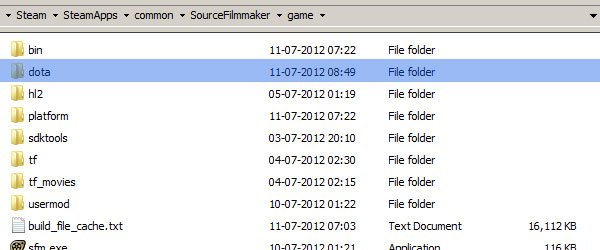 The newly created “dota” folder in the SFM directory